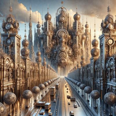 The primary subject of the image is a futuristic city with a large clock tower in the center. The setting is a city street with a variety of vehicles, including cars and trucks, driving down the road. The visual style is a combination of digital art and illustration, creating a unique and intricate cityscape. The colors and mood of the image are predominantly silver and gray, giving it a sleek and modern appearance.